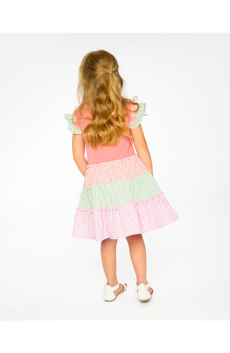 Deux par Deux Organic Cotton Bi-Material Flutter Ruffles Gingham Dress, Alternate, color, Coral & Gingham