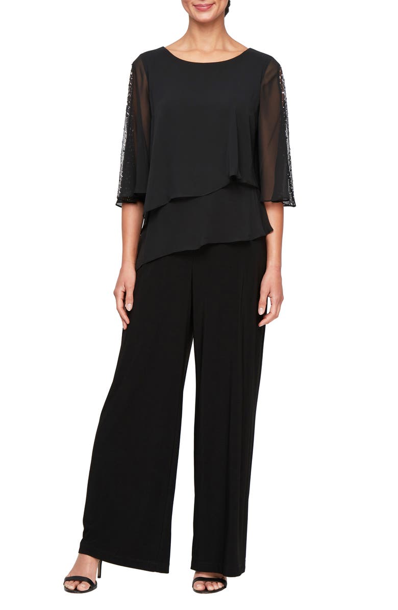 SL FASHIONS Tiered Capelet Jumpsuit, Main, color, Black