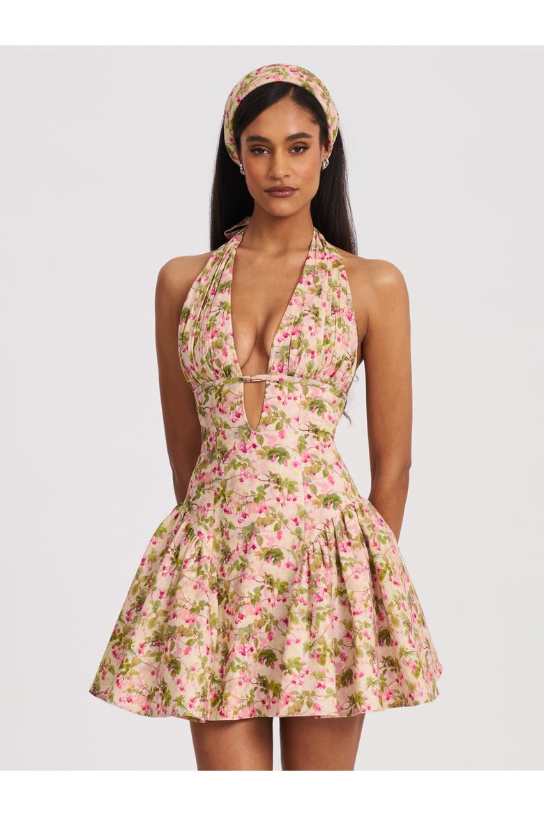 Mackenzie Floral Print Halter Linen Mini Dress, Alternate, color, Pink and green floral print