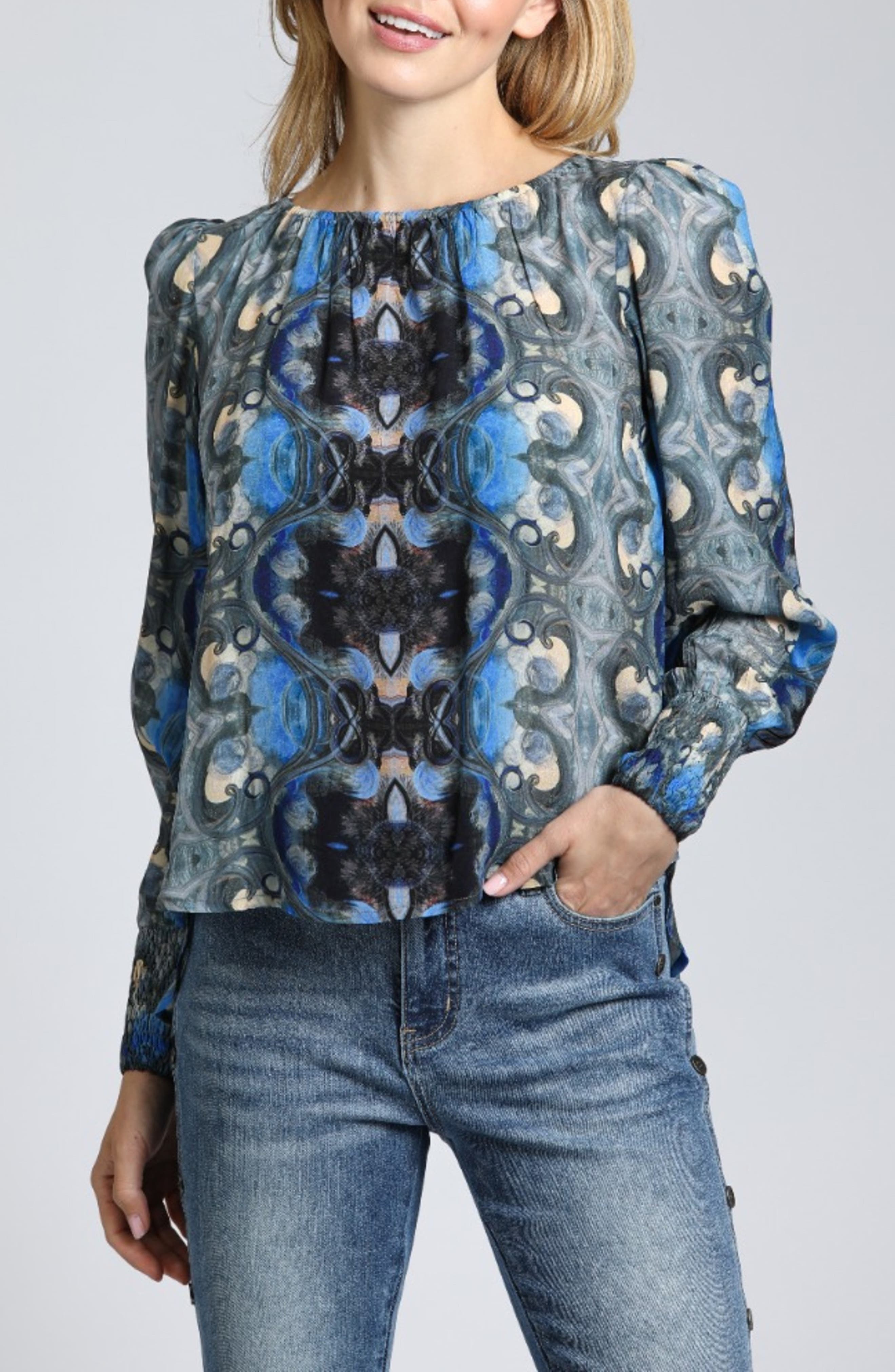 APNY Printed Smocked Cuff Top in Blue Multi 