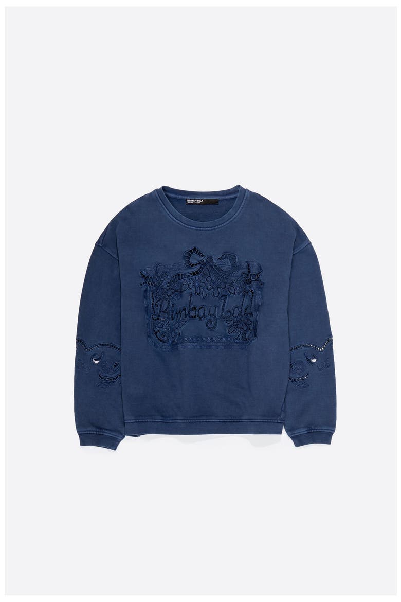 Faded Sweatshirt With Maxi Broderie Anglaise Logo, Alternate, color, BLUE