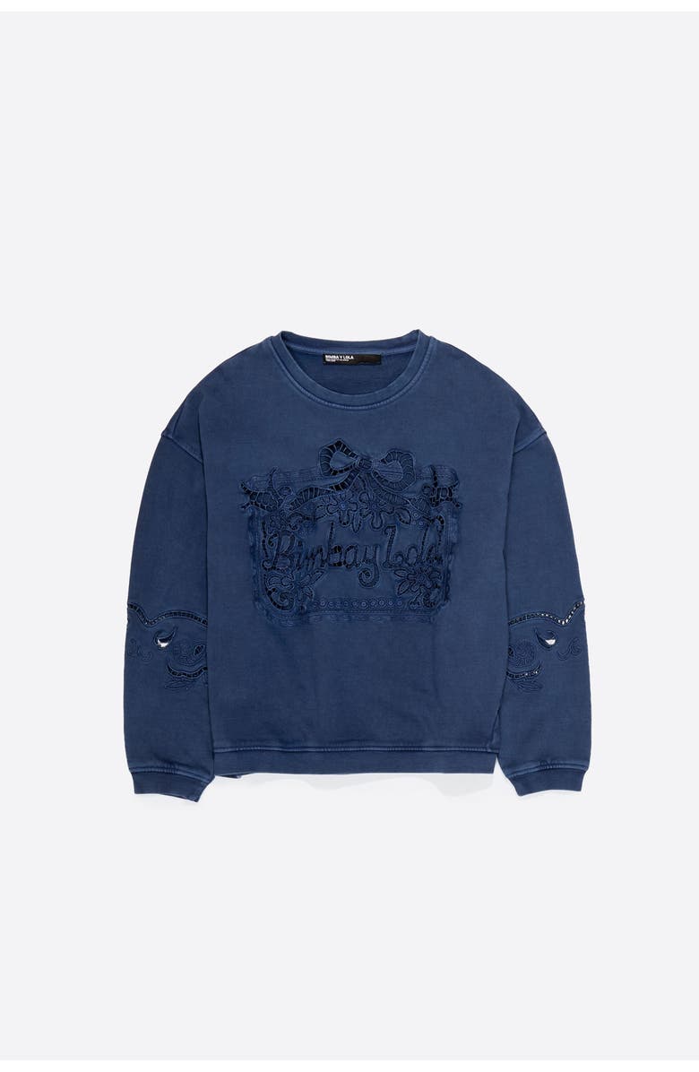 Bimba y Lola Faded Sweatshirt With Maxi Broderie Anglaise Logo, Alternate, color, Blue