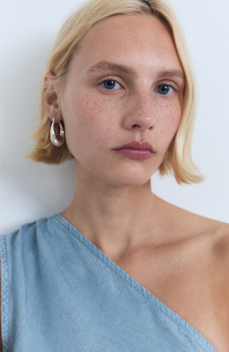 MANGO Pleated One-Shoulder Chambray Dress, Alternate, color, Medium Blue