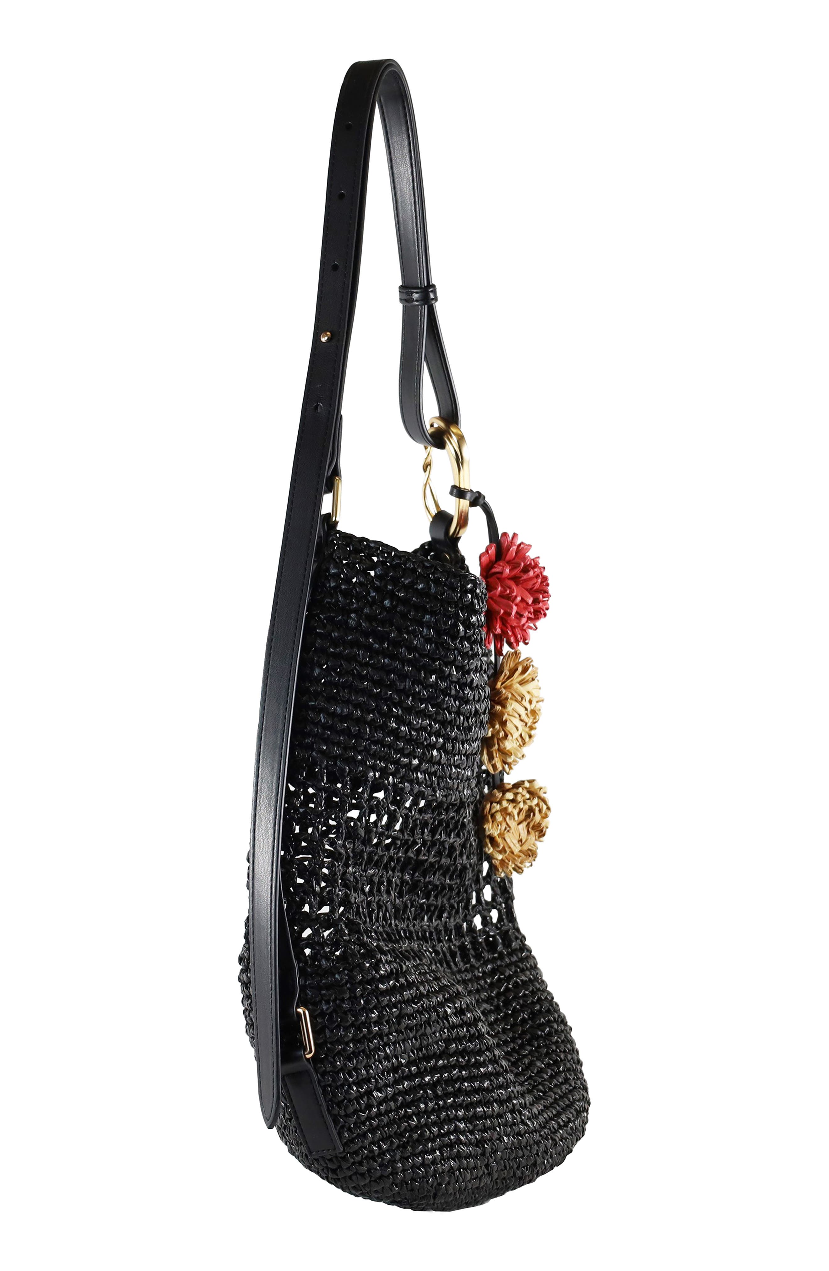 Sam Edelman Marcie Open Weave Raffia Bucket Bag, Alternate, color, Black