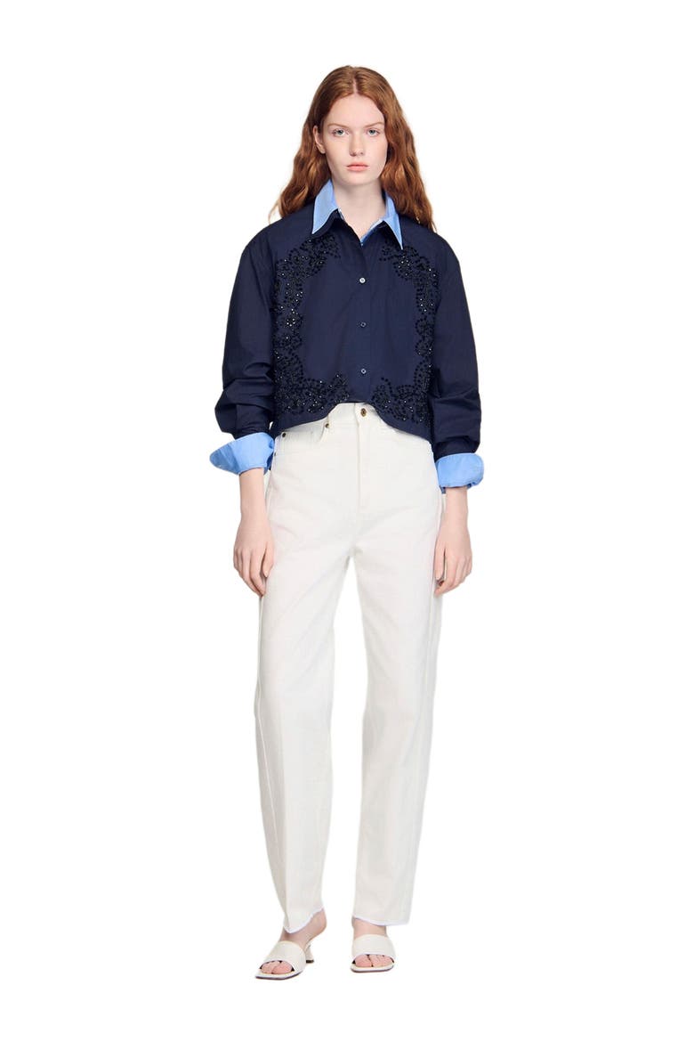 Floral embroidered cotton shirt, Alternate, color, Navy blue