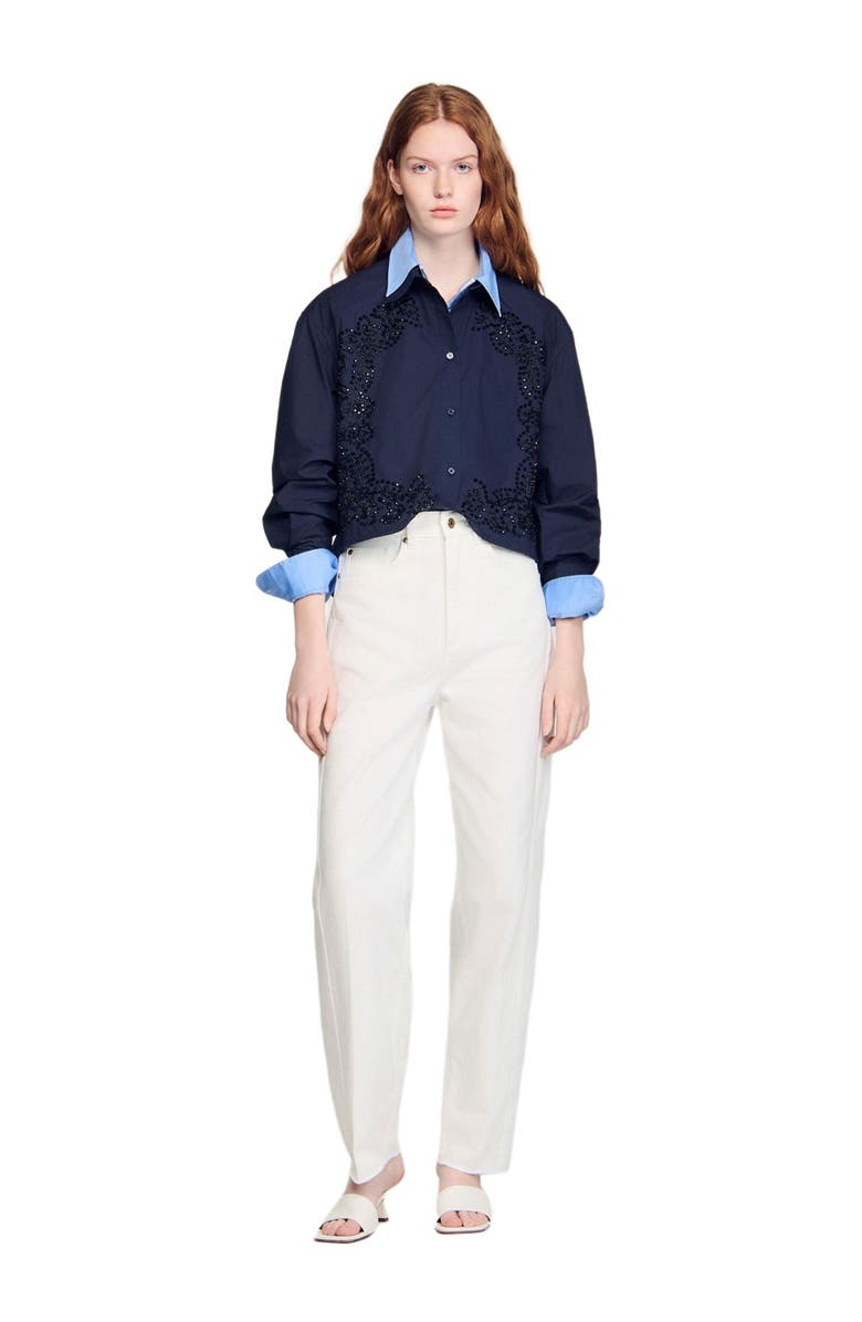 SANDRO Floral embroidered cotton shirt, Alternate, color, Navy Blue