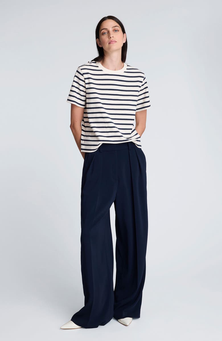 Kenneth Cole Stripe Boxy Cotton T-Shirt, Alternate, color, Oyster/ Dark Navy