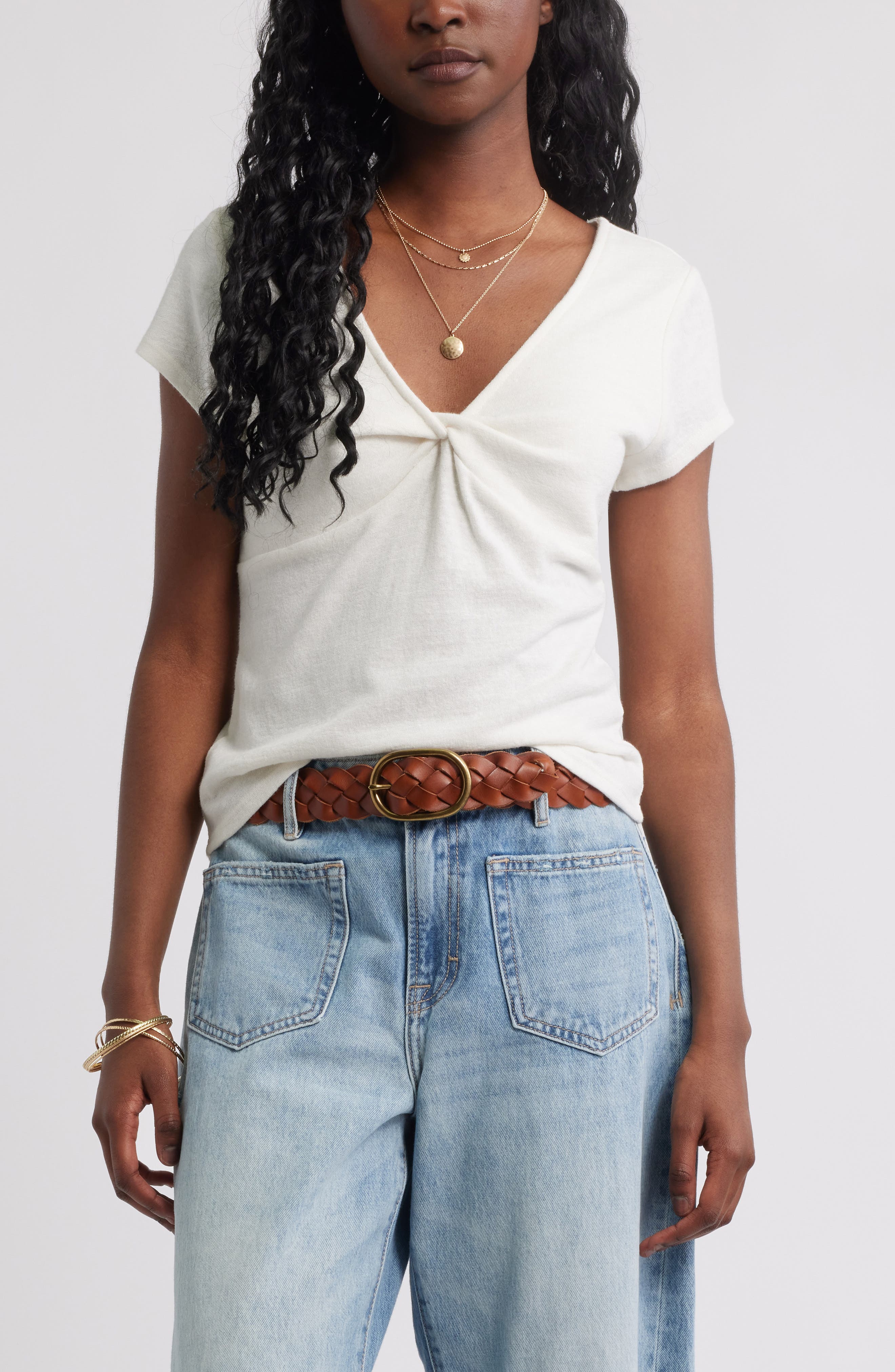 Treasure & Bond Twist Front V-Neck Knit Top