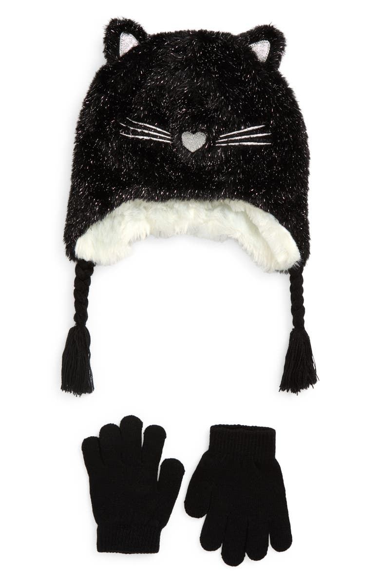 Capelli New York Kids' Disco Kitty Earflap Hat & Gloves Set, Main, color, Black