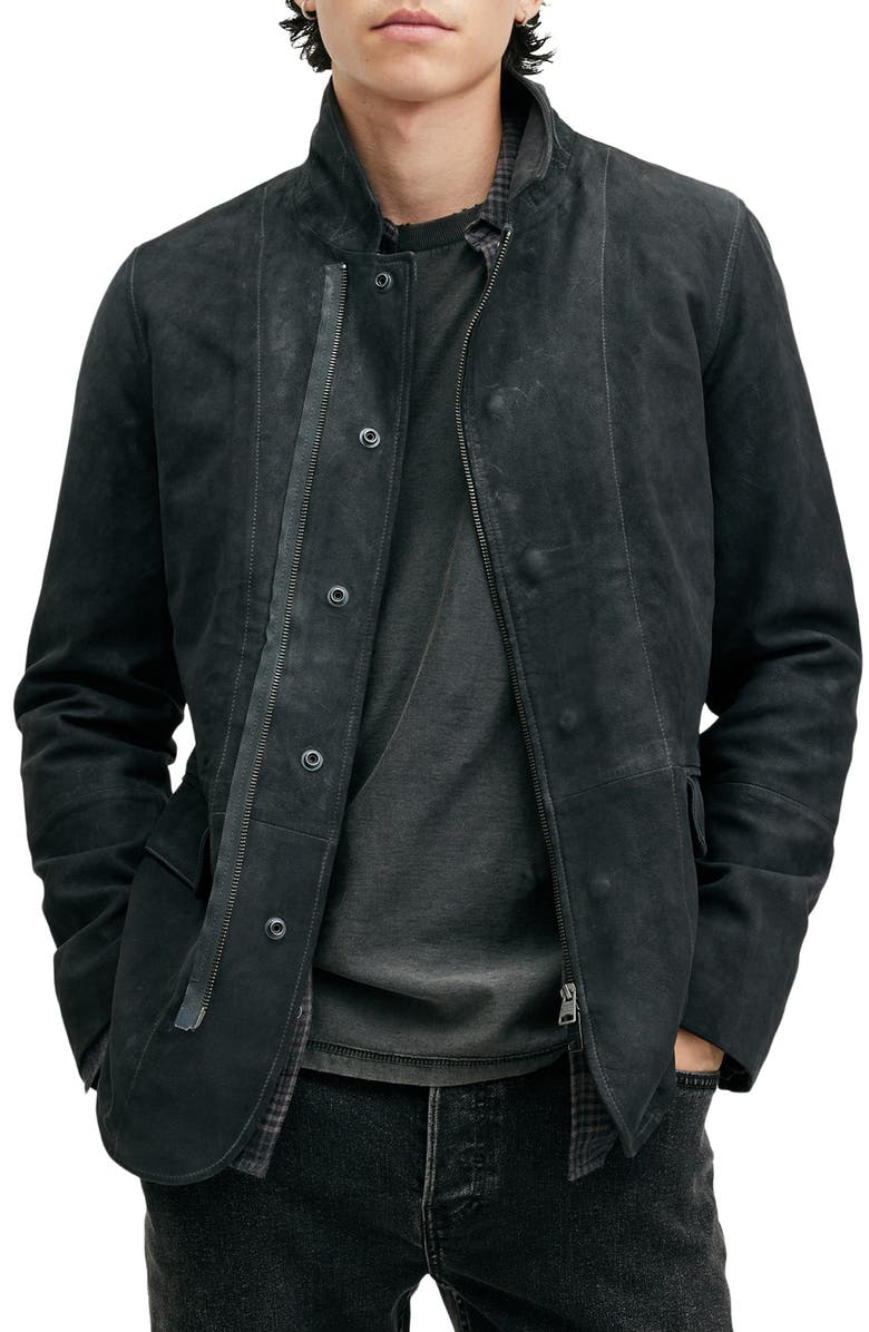 AllSaints Norton Leather Jacket with Removable Hooded Zip Bib, Alternate, color,