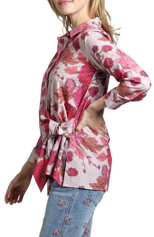 Apny Mixed Print Side Tie Cotton Button-up Shirt In Pink Multi