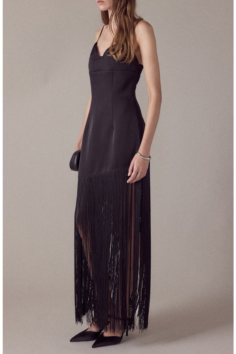 One-Shoulder Fringe Satin Maxi Dress, Alternate, color, BLACK