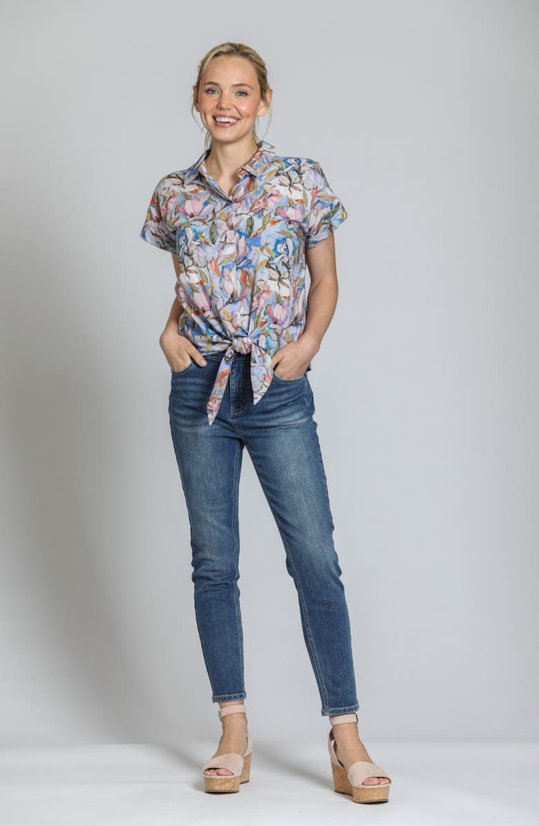 APNY Floral Print Tie Front Cotton Camp Shirt, Alternate, color, Blue/ Rose Multi