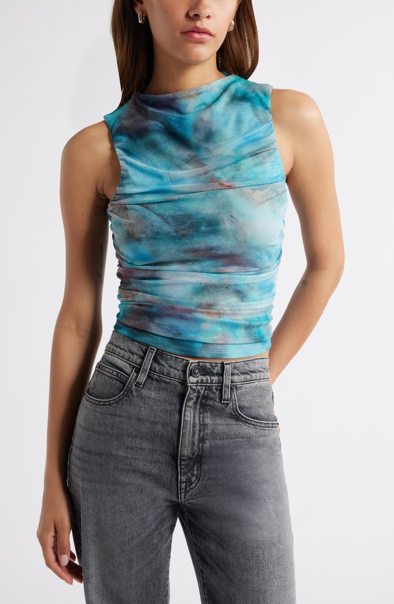 Open Edit Ruched Mesh Tank Top, Main, color, Blue Mineral