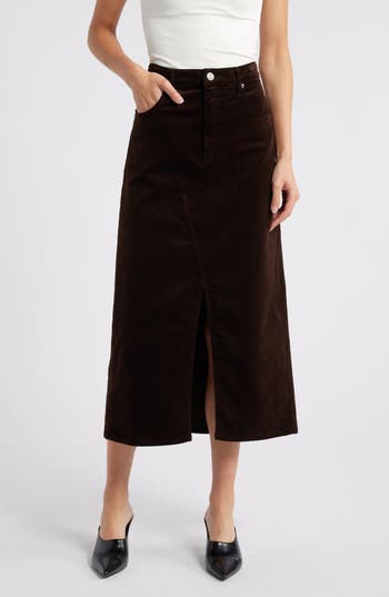 Shop Frame The Corduroy Front Slit Skirt In Espresso