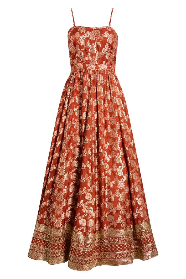 Amber Metallic Embroidery Strapless Gown, Alternate, color, RUST