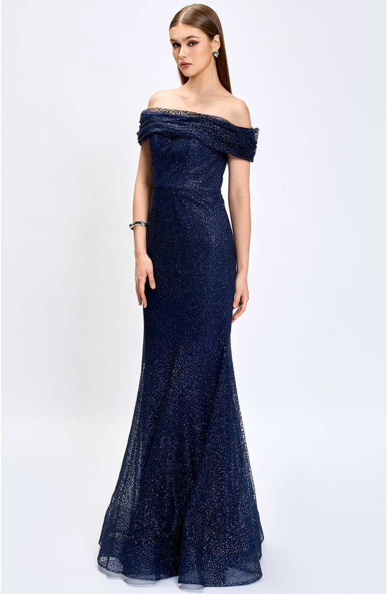 Bariano Alianna Off Shoulder Glitter Gown, Alternate, color, 