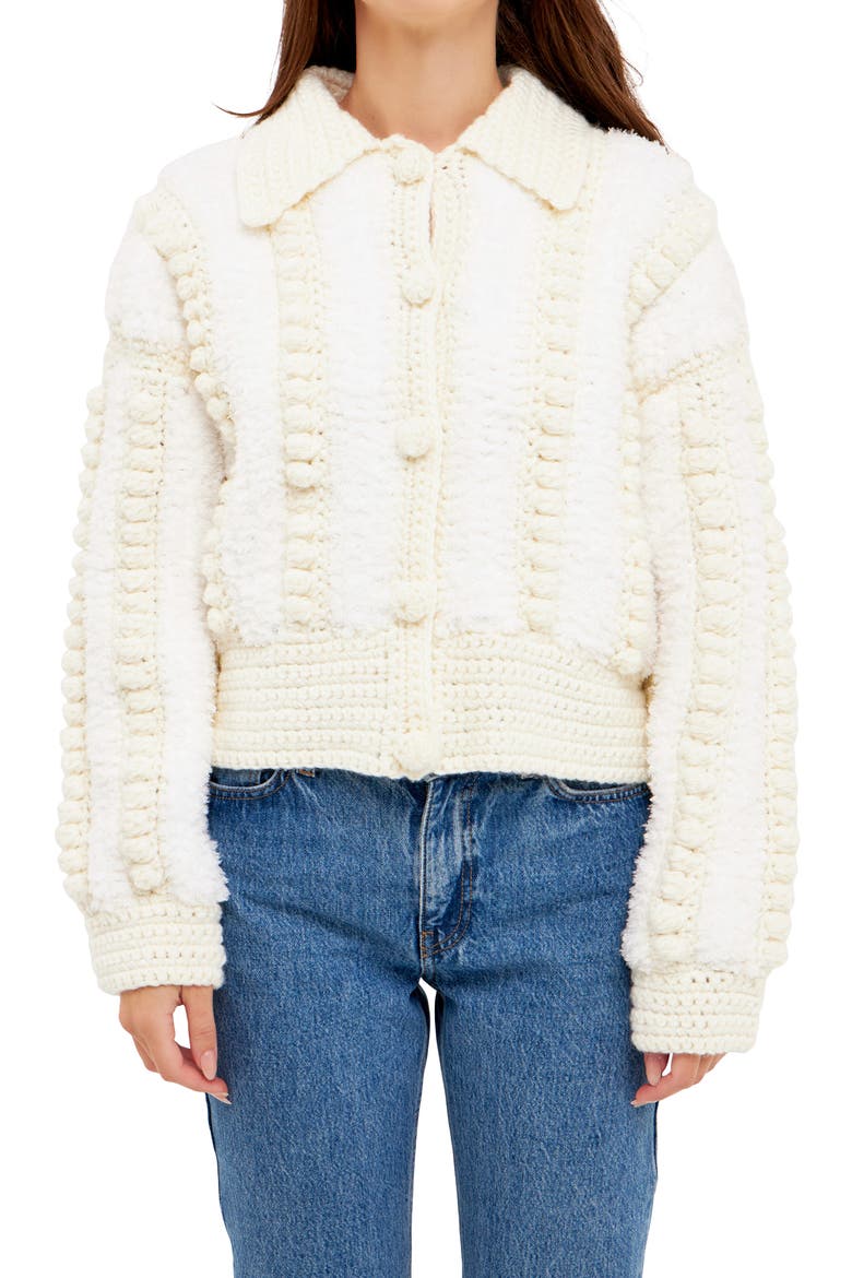 Premium Mixed Yarn Pompom Cardigan, Alternate, color, IVORY
