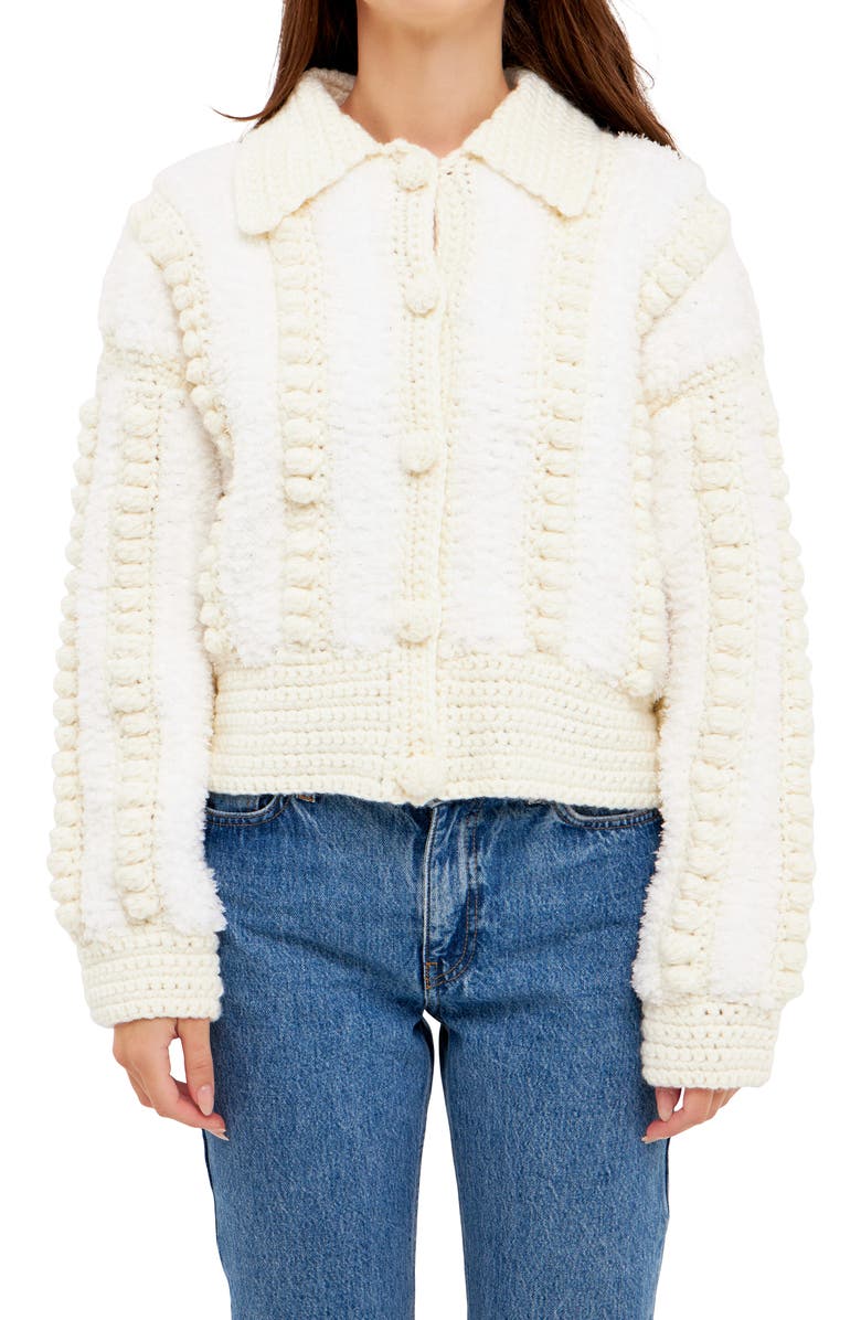 English Factory Premium Mixed Yarn Pompom Cardigan, Alternate, color, Ivory