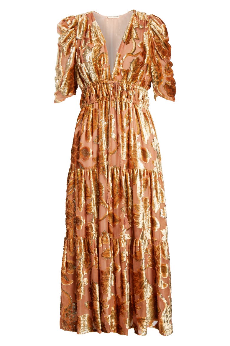 Loretta Velvet Devoré Midi Dress, Alternate, color, ROSE GOLD