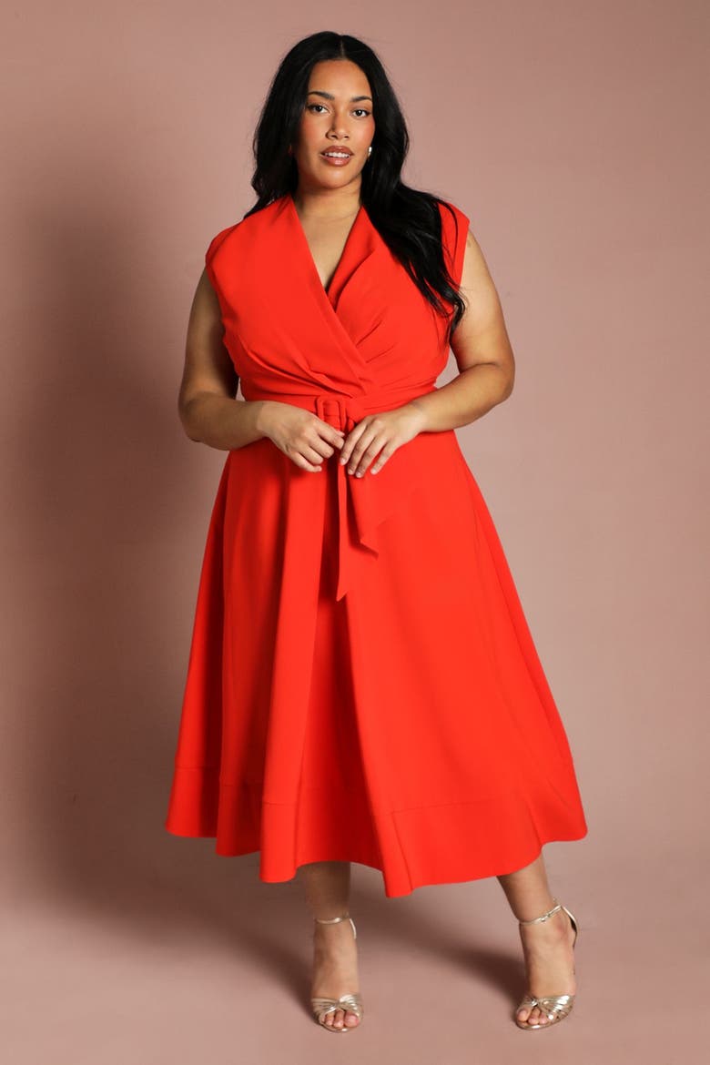 Plus V-Neck Belted Midi Dress, Alternate, color, Flame Red