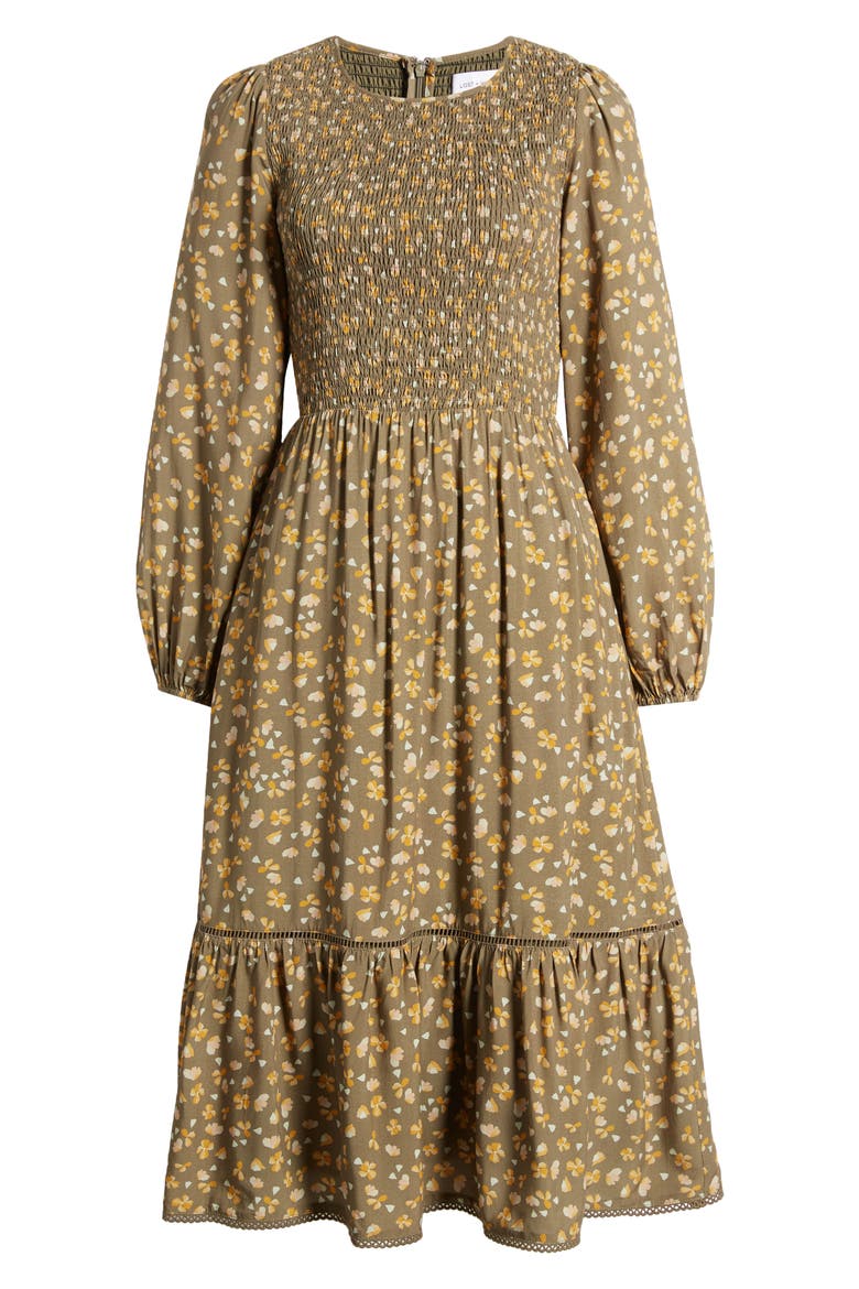 Vineyards in the Valley Floral Long Sleeve Tiered Midi Dress, Alternate, color, DARK OLIVE