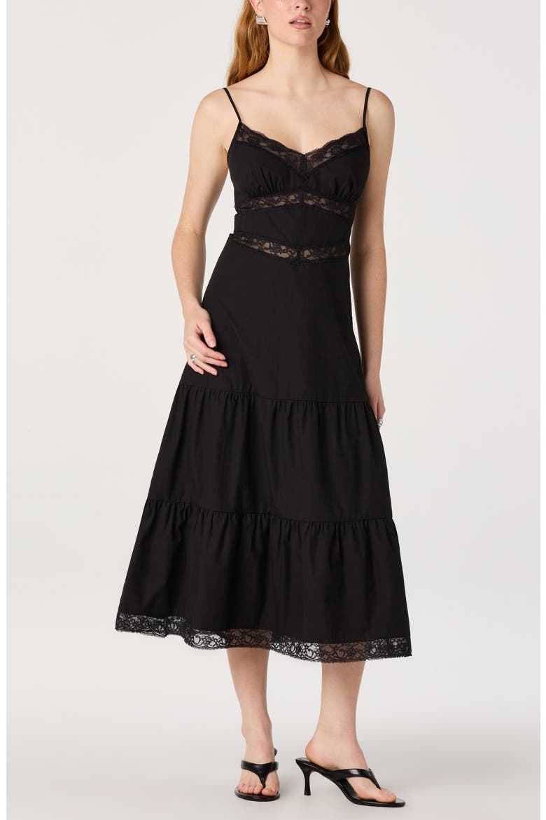 Berenice Lace Detail Tiered Cotton Dress, Main, color, BLACK
