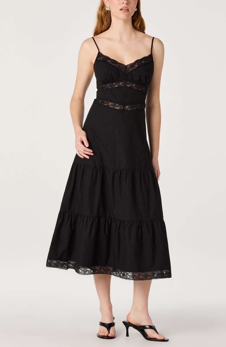 ASTR the Label Berenice Lace Detail Tiered Cotton Dress, Main, color, Black