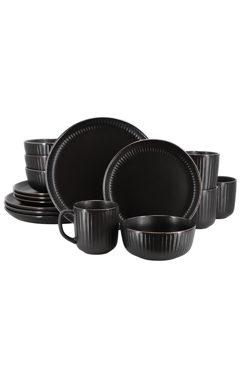 Elama Leo 16 Piece Stoneware Dinnerware Set, Main, color, Black