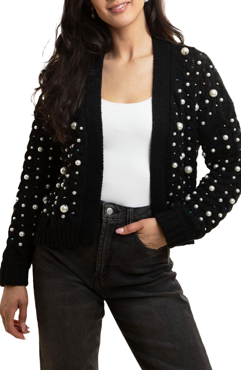 SAACHI Faux Pearl Knit Cardigan, Main, color, Black