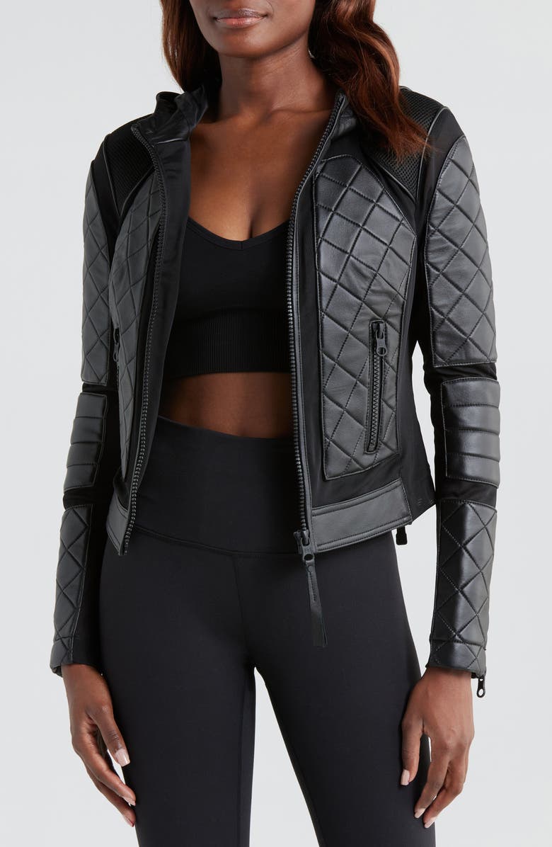Blanc Noir Leather & Mesh Hooded Moto Jacket, Alternate, color,