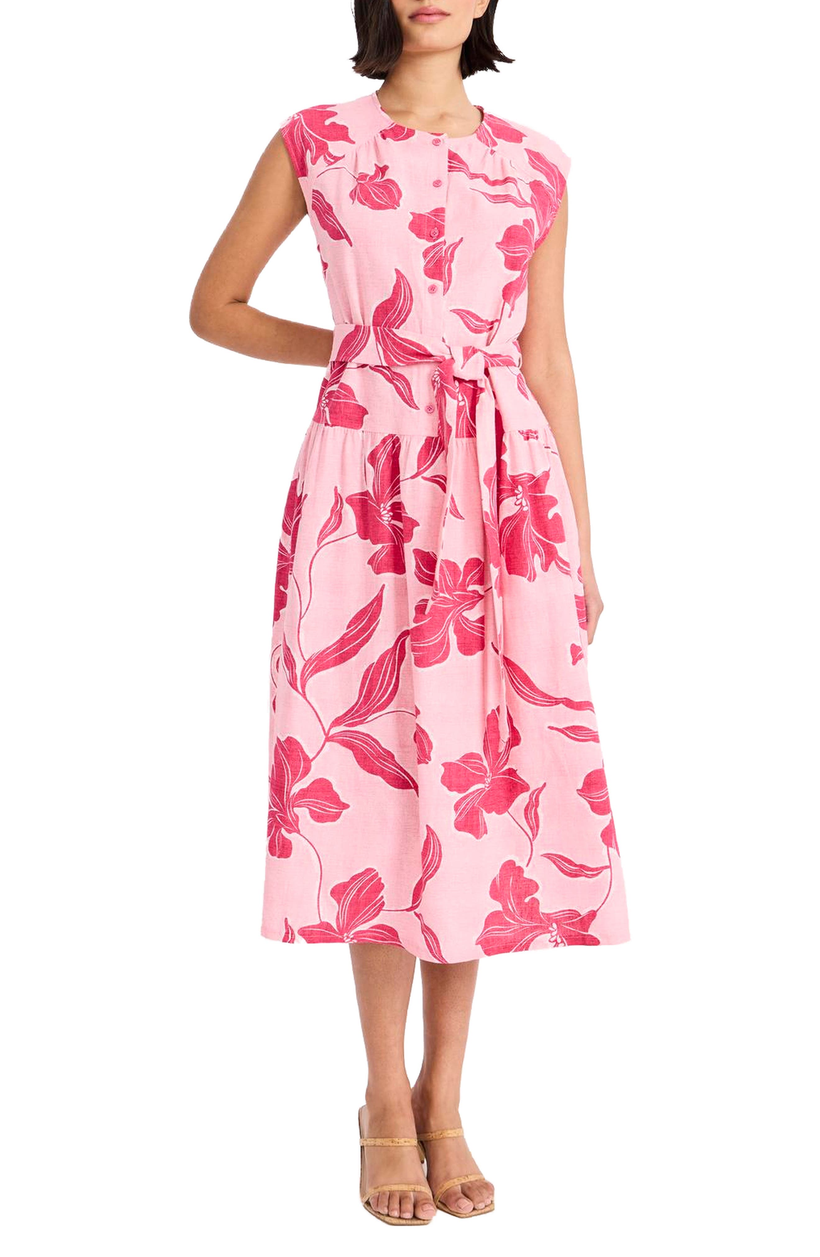 Maggy London Cap Sleeve Drop Waist Linen Blend Midi Dress