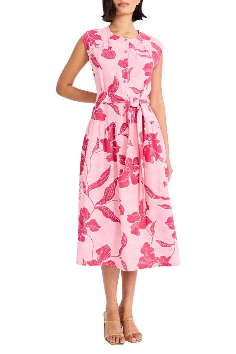 Cap Sleeve Drop Waist Linen Blend Midi Dress, Main, color, POWDER PINK/ BRIGHT PINK