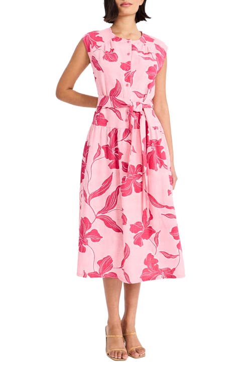 Cap Sleeve Drop Waist Linen Blend Midi Dress