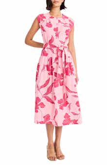 Maggy London Cap Sleeve Drop Waist Linen Blend Midi Dress