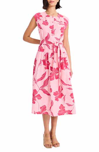 Maggy London Cap Sleeve Drop Waist Linen Blend Midi Dress