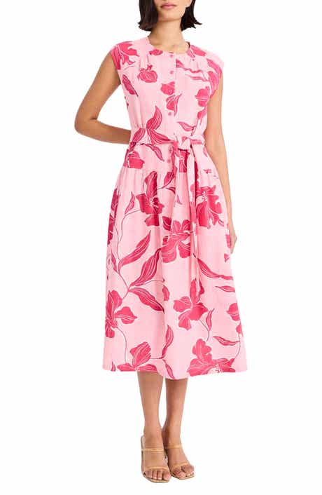 Maggy London Cap Sleeve Drop Waist Linen Blend Midi Dress