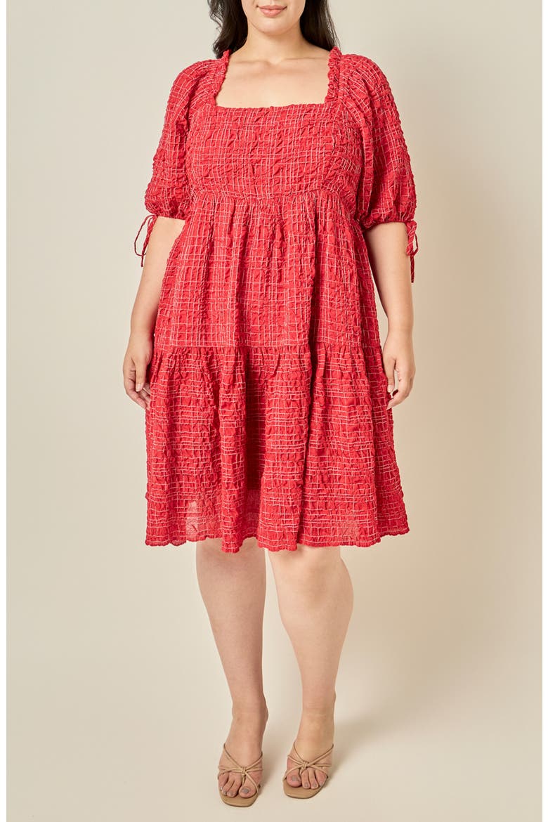 Crinkled Gingham Flounce Dress, Main, color, BURGUNDY