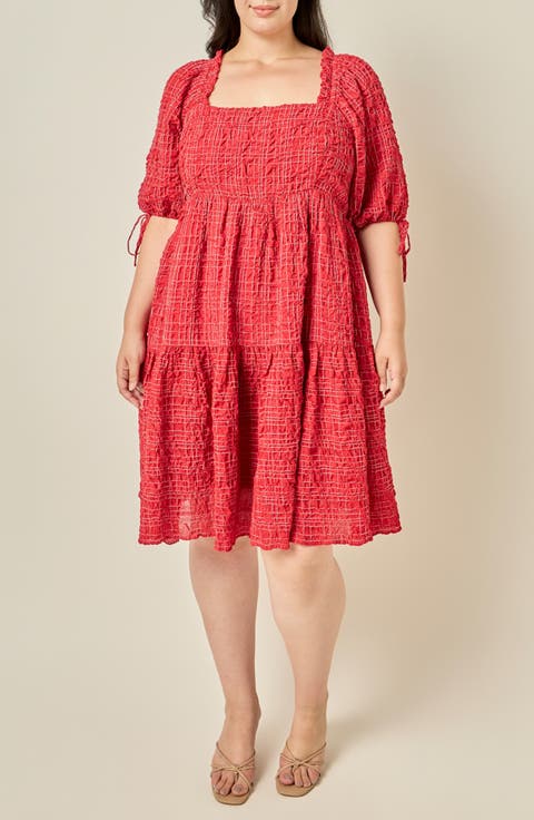Crinkled Gingham Flounce Dress