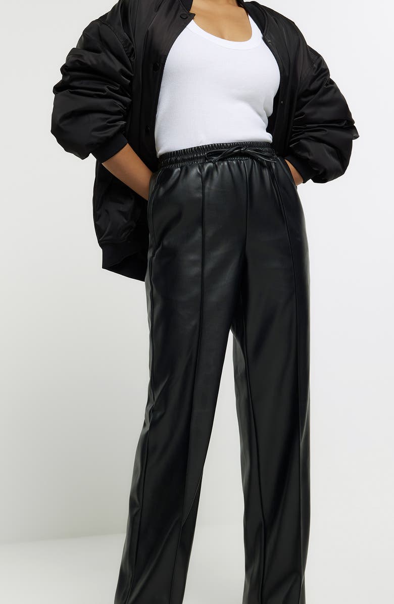 River Island Drawstring Waist Wide Leg Faux Leather Pants, Alternate, color,