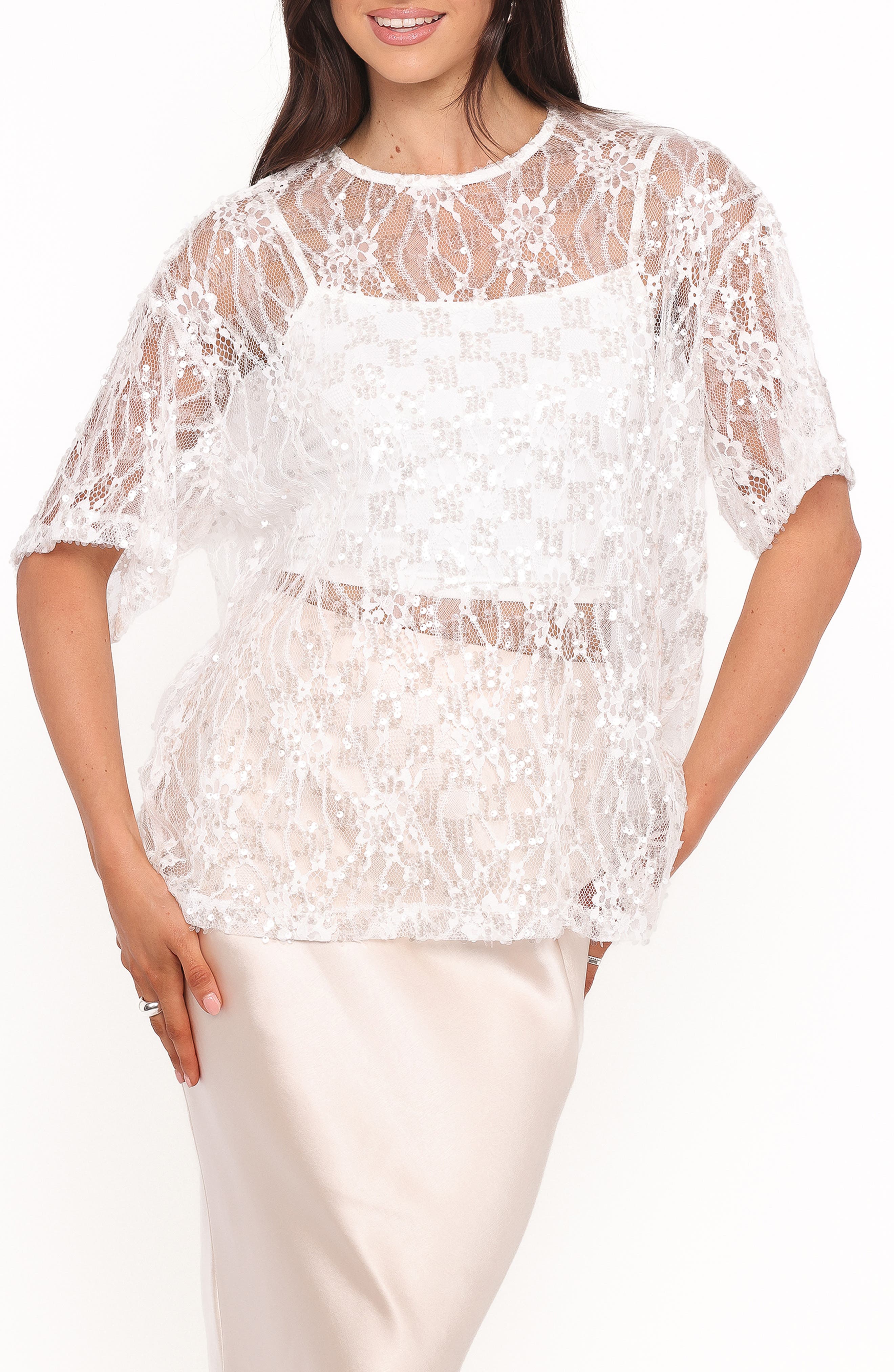 Yonder Oversize Check Sequin Floral Lace Top