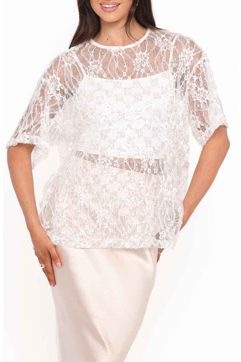 Yonder Oversize Check Sequin Floral Lace Top, Main, color, WHITE