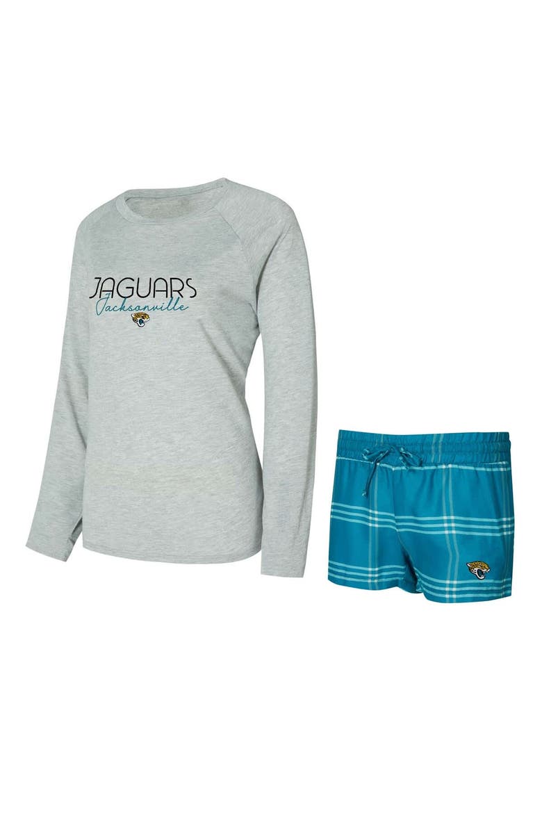 Women's Concepts Sport Teal/Gray Jacksonville Jaguars Petition Raglan Long Sleeve Top and Shorts Set, Main, color, Teal