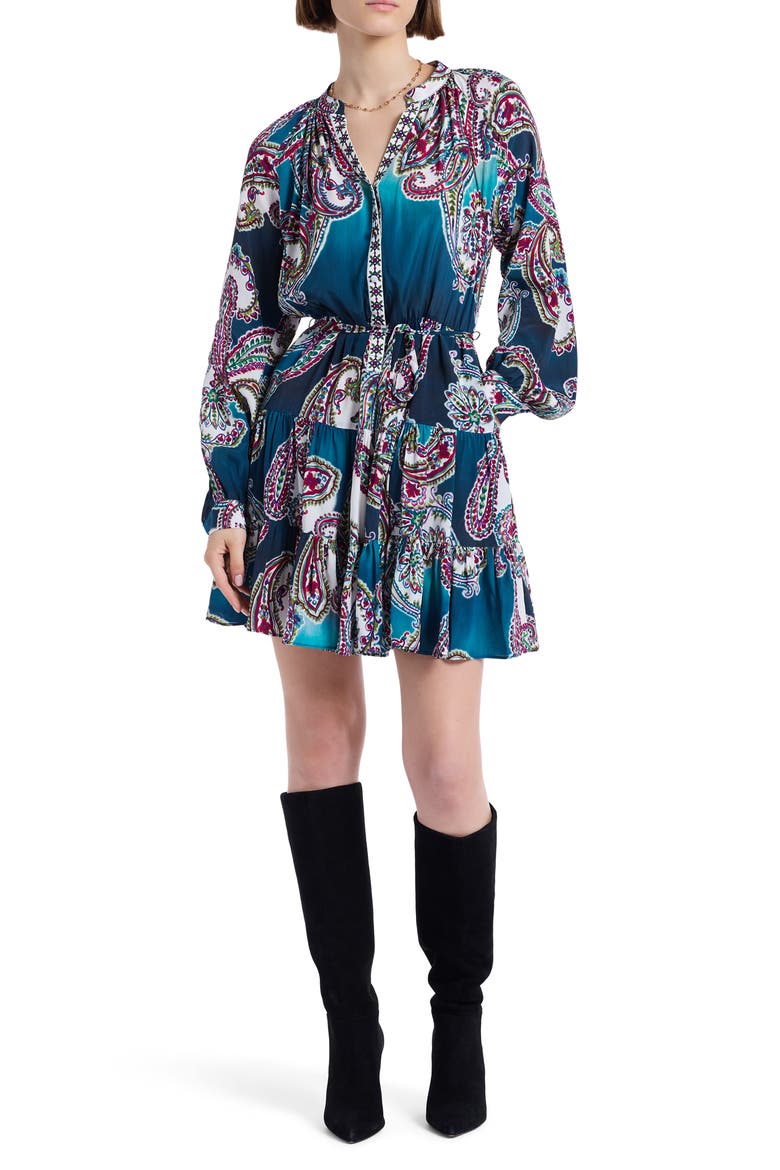 Sydney Paisley Long Sleeve Tiered Shirtdress, Main, color, BLUE MULTI