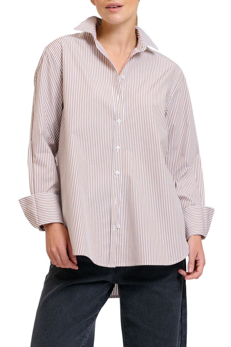 Elodie Stripe Cotton Button-Up Shirt, Main, color, CHOCOLATE STRIPE