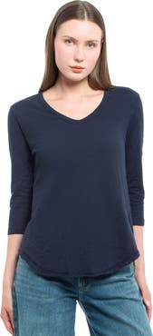 WILT Clothing 3/4 Sleeve V-Neck Shirttail Tee With Raw Hem Top