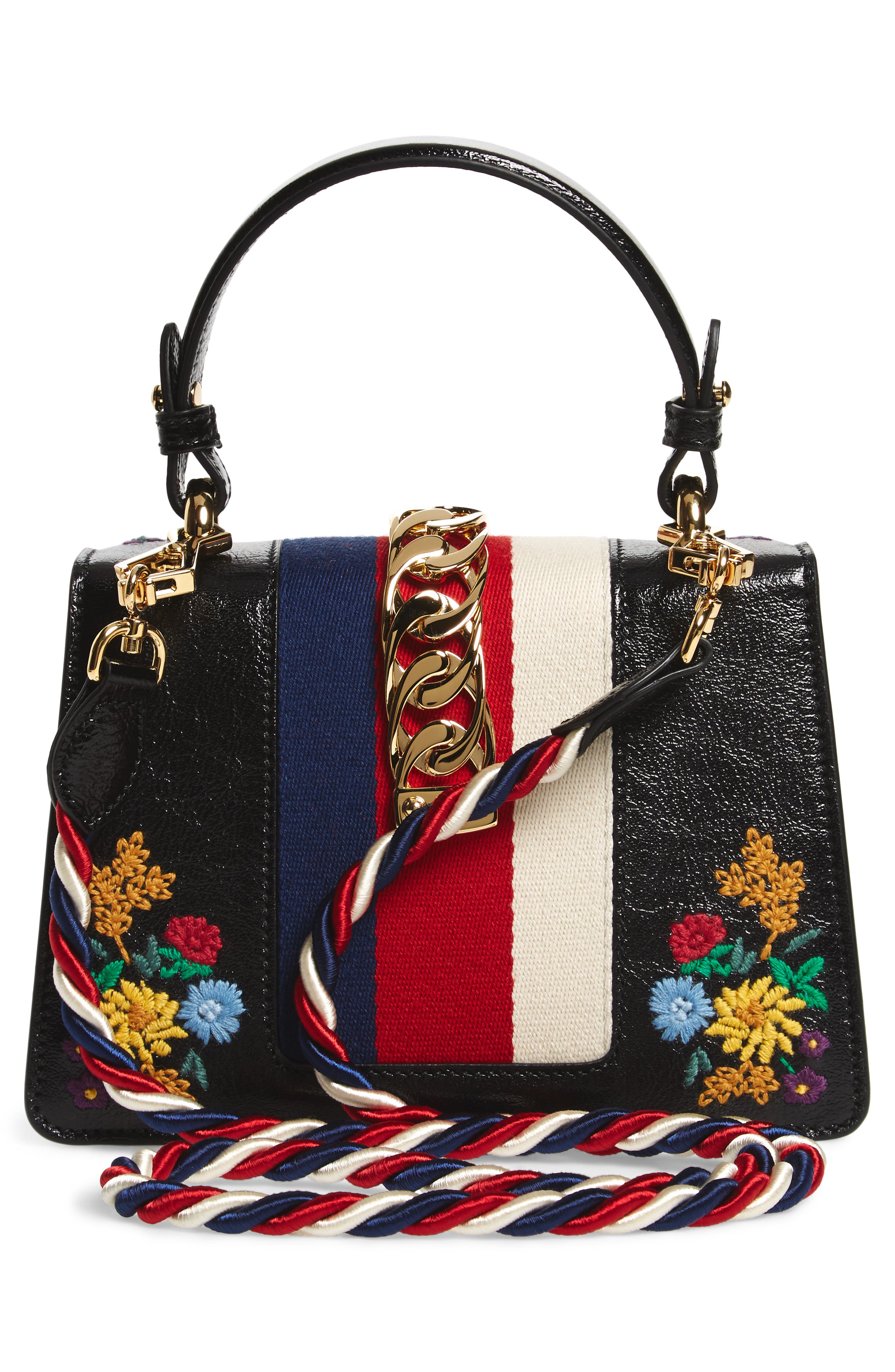 Gucci Mini Sylvie Flower Embroidery Leather Shoulder Bag, Alternate, color, 