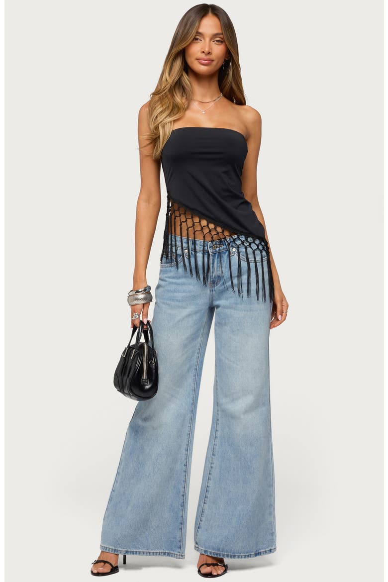 Sarika Asymmetric Fringe Strapless Top, Alternate, color, BLACK