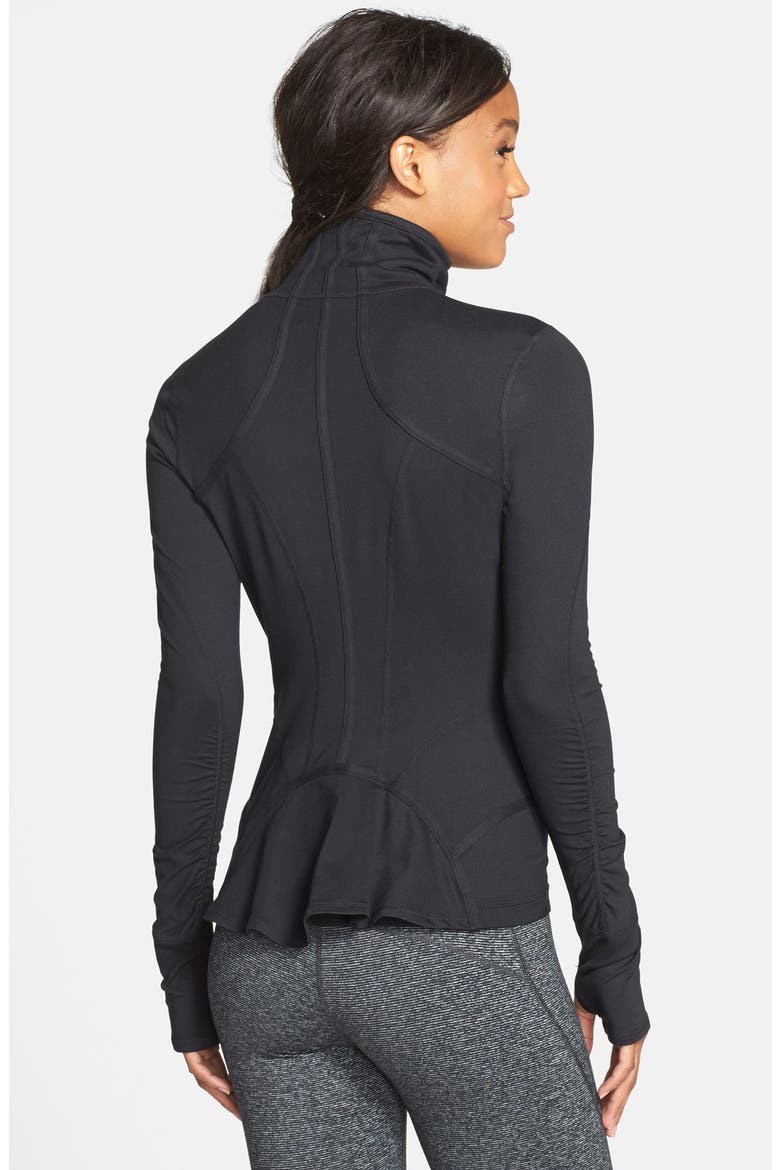 'Flirt' Ruffle Back Jacket, Alternate, color, BLACK