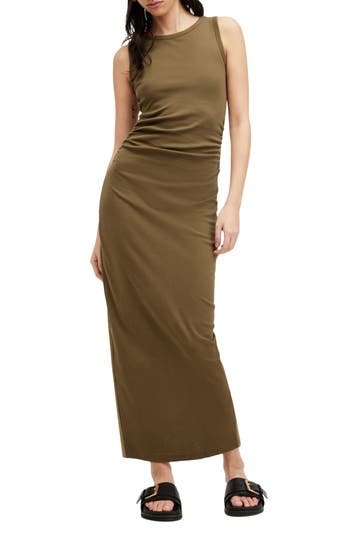 Allsaints Womens Olive Green Katarina Side-ruched Slim-fit Cotton Maxi Dress In Olive Green